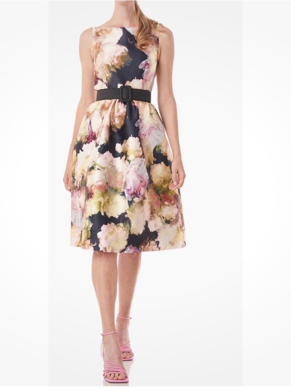 Kay Unger Floral Fit-and-Flare Midi Dress with Black Belt size 4